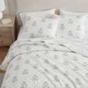 2 x Martha Stewart - Twin Quilt Set, 100% Cotton Reversible Bedding Set, Incredibly Soft Feel for Year Round Comfort, 2 Piece Bed Set with Matching Pillowcase (Flower Block Print Blue)