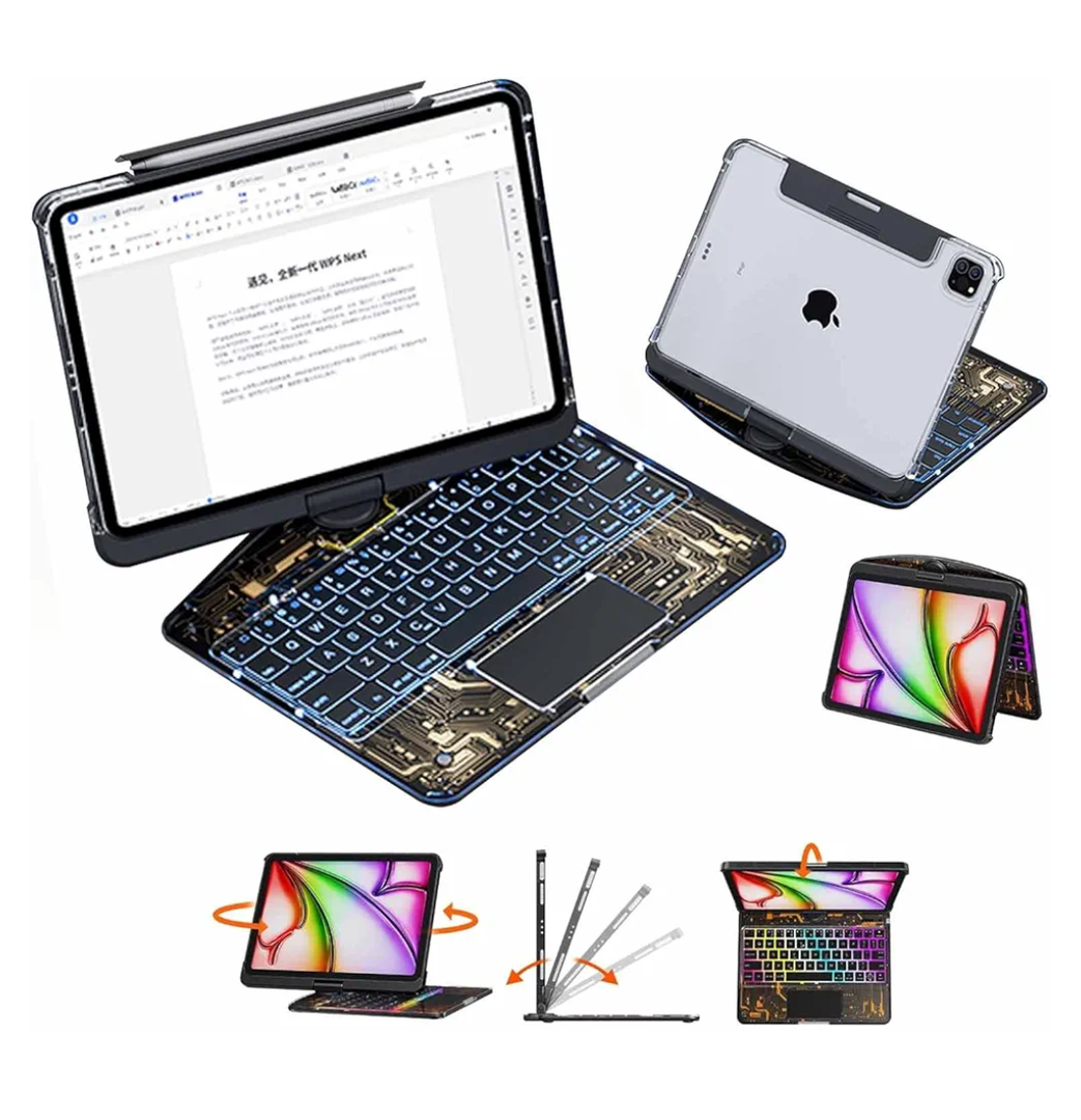 Clear Case for 2024 iPad Pro M4(13-in) with Wireless Keyboard,7 Colors Backlight, Trackpad, 360° Swivel Stand with 5 Adjustable Viewing Angles,Tech Style (Clear Black, for iPad Pro 13-in.(M4))