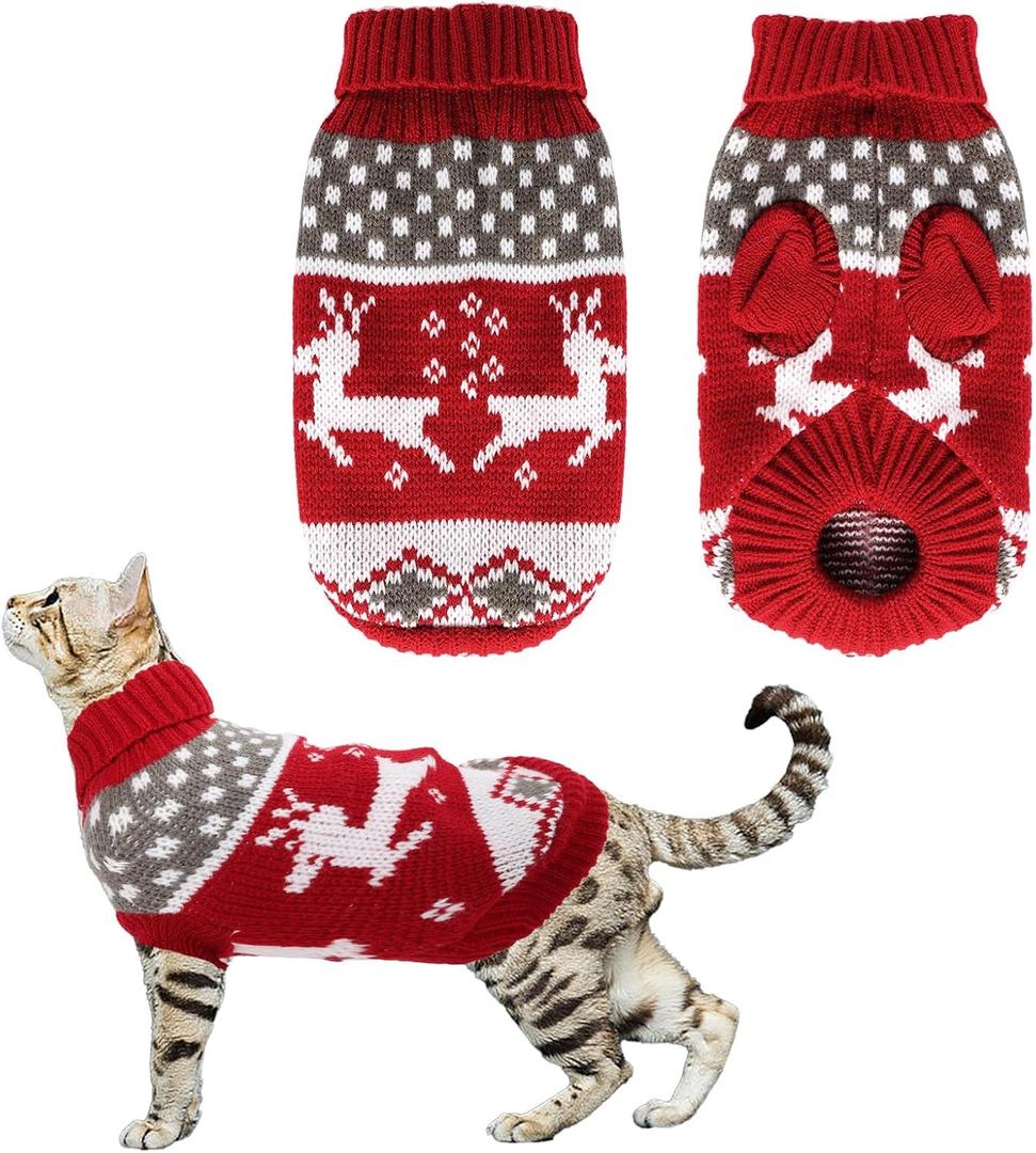 Dog Christmas Sweaters Christmas Sweater Cat Pet Xmas Clothes Cat Outfit Holiday Classic Winter Knitwear Warm Reindeer Snowflake Sweater for Kitty Puppy Dogs Cat (red)