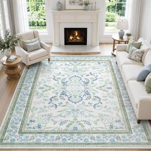 DCX 8x10 Area Rug Living Room: Washable Botanical Carpet Blue and Green