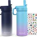 Kids Water Bottle, 2-Pack 16oz Kids Water Bottle with Stickers for School, insulated Stainless Steel Straw Cup(Gray+Blue)