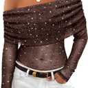 FEMLE Women Sparkly Off The Shoulder Sheer Mesh Tops Glitter See Through Long Sleeve Foldover Top Party Concert Outfits (L)