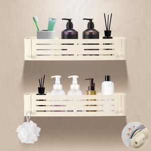 Lekesky Suction Cup Shower Caddy, No Drill Shower Shelf, Aluminum Rust Proof Bathroom Shower Organizer with 12 Hooks, （2-Pack, Cream）