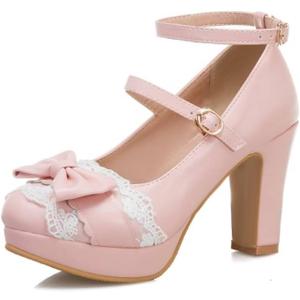 MEOTINA Cute Bow Heels Mary Janes Shoes Women Dress Platform Strappy High Heels Kawaii Shoes (6, Lace Pink)