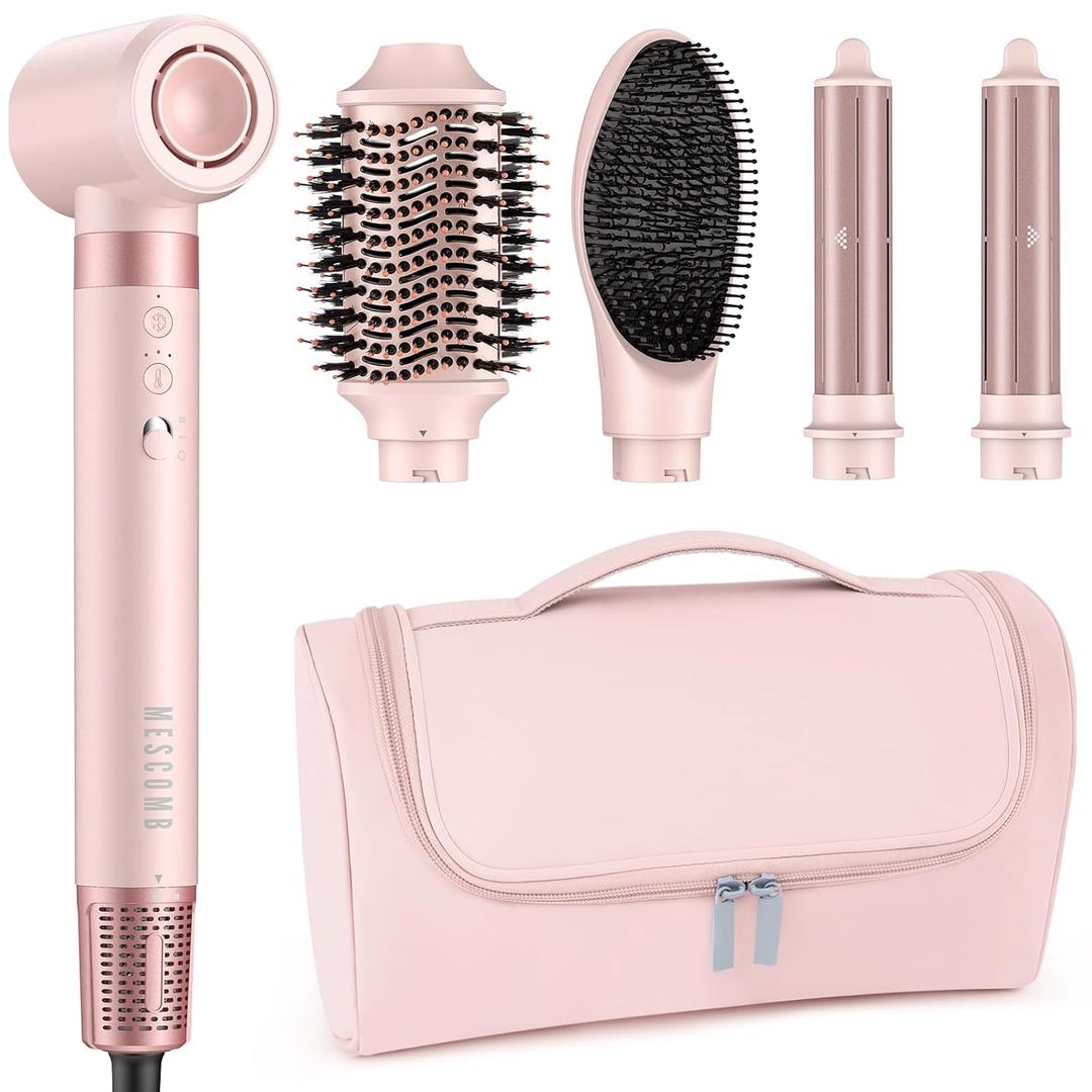 5 in 1 High-Speed Hot Air Styler - Professional Frizz-Free Hair Dryer Brush, Fast Drying Hair Dryer, No Heat Damage Air Styler Wrap - Curl, Volumize, Straighten with Travel Bag (Pink)