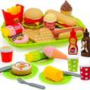 26PCS Pretend Play Kitchen Food Set - Dessert Toys with Hamburger, Hot Dog, Fries, Drink & Tray Detachable Play House Kitchen Accessories Role Play Toys Gift for Toddlers Boys Girls 3 4 5+ Years Old