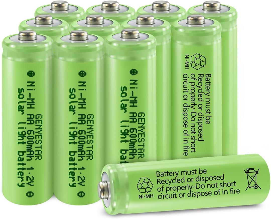 AA Rechargeable Batteries NiMH 1.2V 600mAh Double A Battery Pre-Charged for Solar Garden Lawn Landscaping Lights Lantern Remotes Toys Home Device, 12 Pack