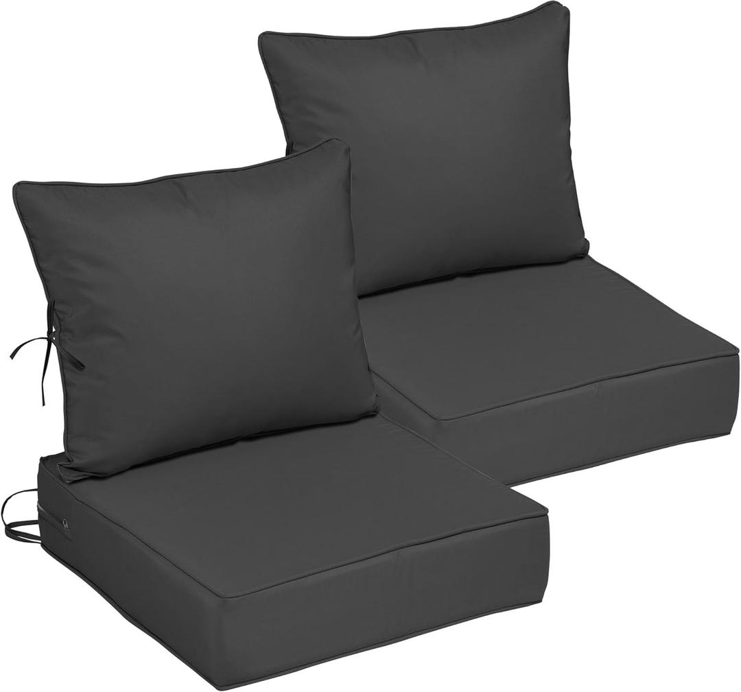 22x22 Outdoor Chair Cushions Set of 2, Waterproof Deep Seat Cushions for Patio Furniture with Removable Cover, Fade Resistant 4'' Outdoor Seat Cushion w/Ties&Handle for Sofa Loveseat, Black