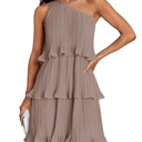 ZESICA ONE SHOULDER SLEEVELESS RUFFLE TIERED CHIFFON MINI DRESS (S, Light Khaki)
