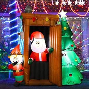 6FT Christmas Inflatables Yard Decorations, Blow Up Santa's Outhouse with Elf Christmas Tree, Lighted Holiday Decorations for Xmas Party, Lawn, New Year