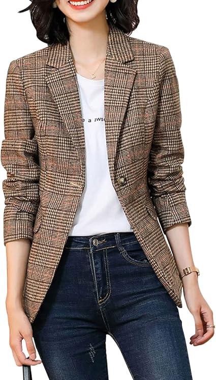 ebossy Women's Notch Lapel 2 Button Boyfriend Blazer Suit Hound stooth Plaid Jacket Coat L