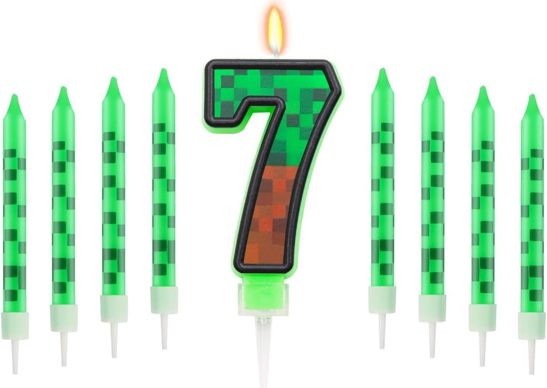 2 x Pixels Themed 7th Birthday Candle, Pixels Cake Topper for Boys Girls, 9 Pcs Candle Set, Game Cartoon Theme Birthday Party Supplies (Number 7)