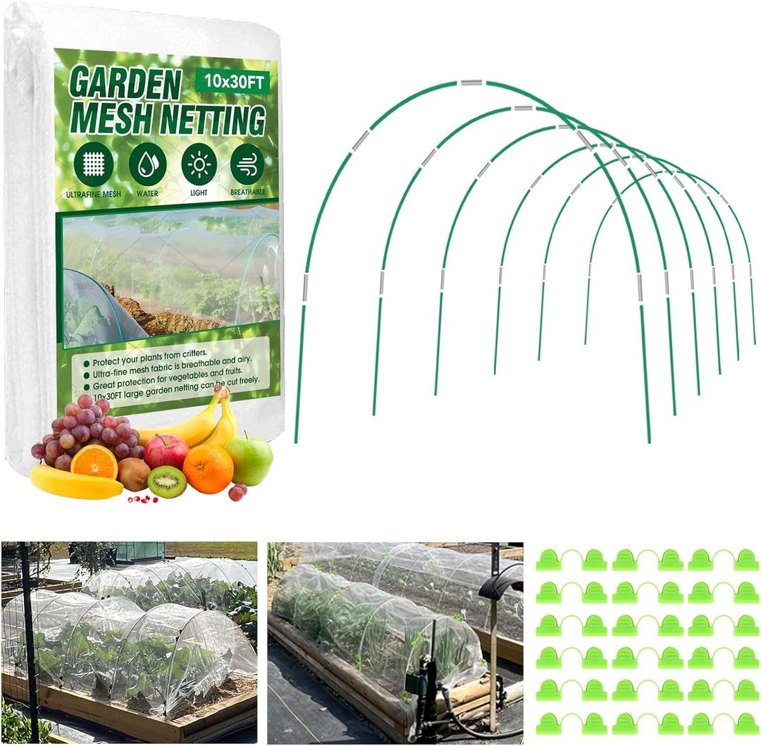 Garden Netting Kit, 10x30FT Ultra Fine Mesh Netting 6 Sets of 8FT Fiberglass Garden Hoops for Raised Beds, Vegetable Plants Fruits Flowers Birds Animals Barrier Protection Net