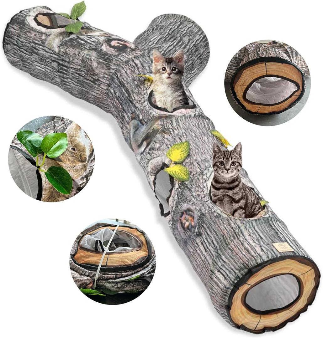 Cat Tunnel,3 Way Cat Toys,Tree Trunk Cat Tunnels for Indoor, Cat Maze for Kitty, Puppy, Kitten,Rabbit to Chase and Play, Collapsible Tube, Easy to Store Kitten Tunnel,L59, Tree Design Gift