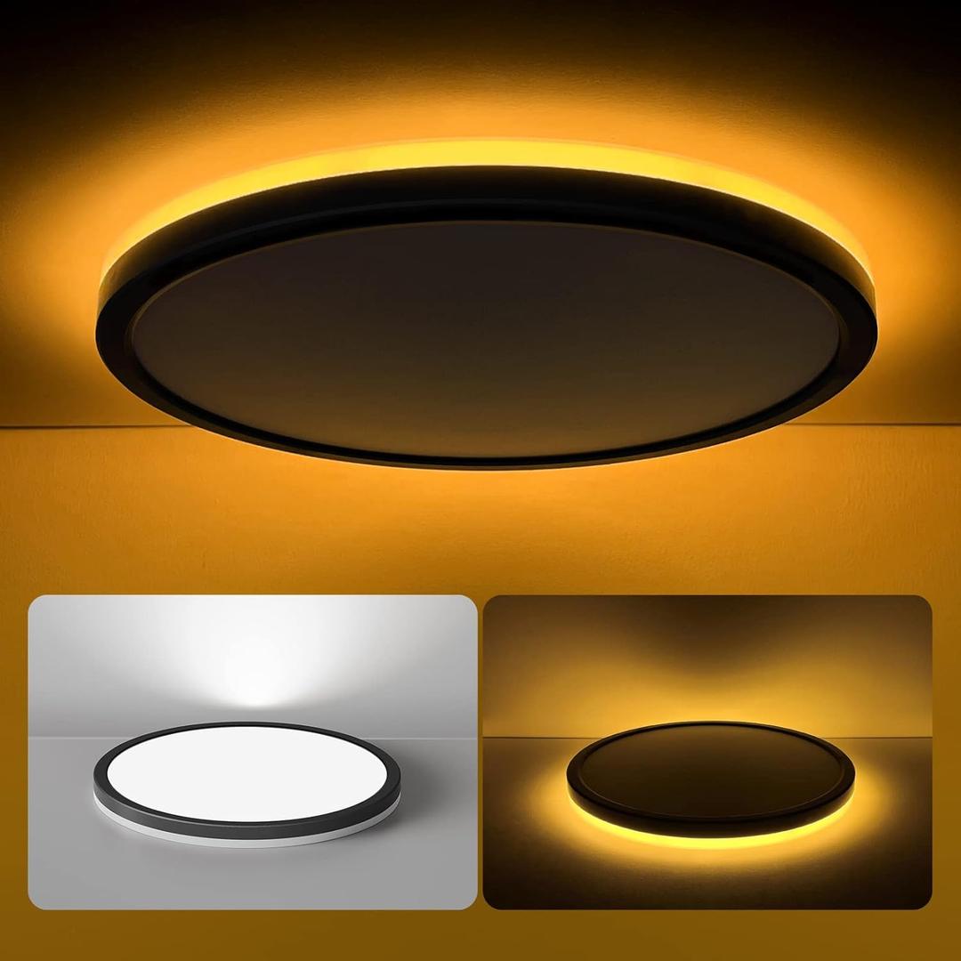 Matane 12 Inch LED Flush Mount Ceiling Light Fixture with Night Light, 24W 2400LM 3000K/ 4000K/ 5000K Selectable, Dimmable Ceiling Lights for Bedroom, Dining Room, Kitchen, Round Black