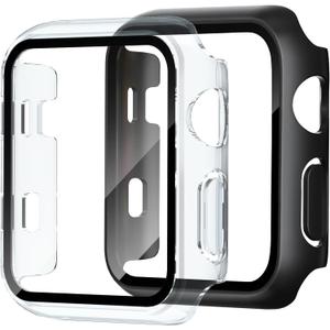 2 Pack Case for Apple Watch Screen Protector, Hard PC Case with Tempered Glass Protective Cover Guard Bumper, Slim Apple Watch Cover for iWatch Series 3 2 1 - Black/Clear 38mm