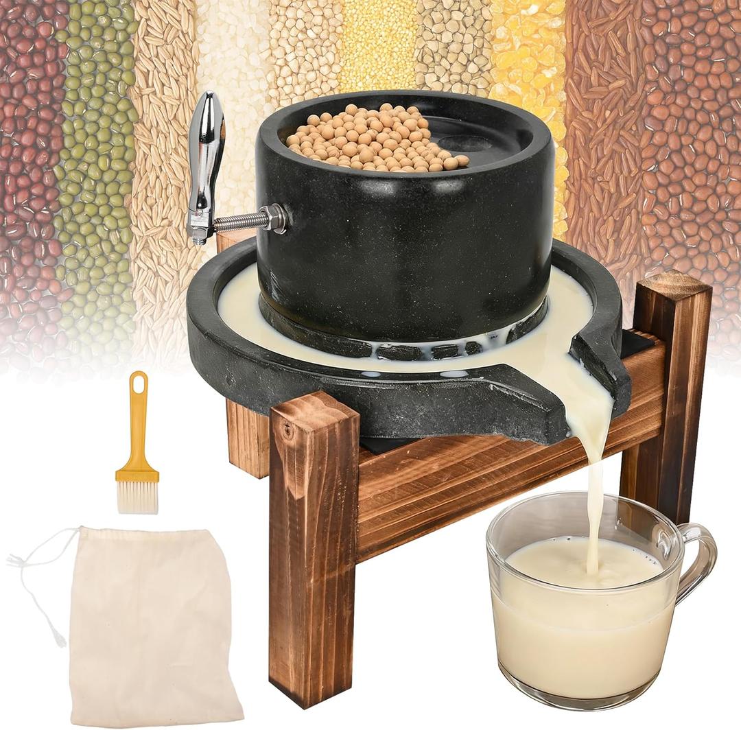 Manual Stone Grain Mill, Natural Granite Handmade Stone Mill with Stainless Steel Handle, Stone Mill Grinder, Traditional Countertop Disc Grain Mill with Solid Wood Stand for Flour/Wheat/Spices/Beans