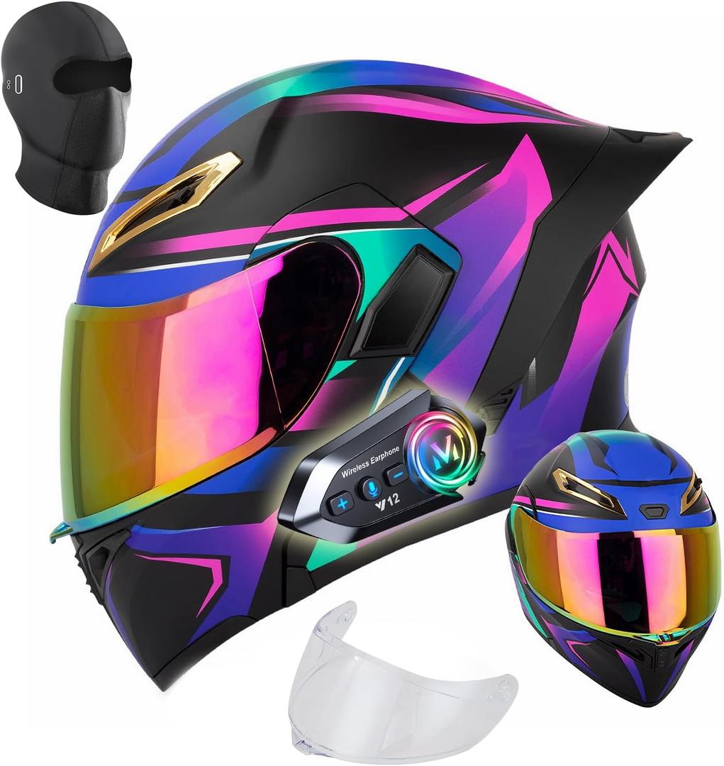 Womens Motorcycle Helmet with Bluetooth - DOT Modular Motorcycle Helmets with Dual Visor, Flip Up Full Face Purple Helmet with Speaker and Mic (X-Large)