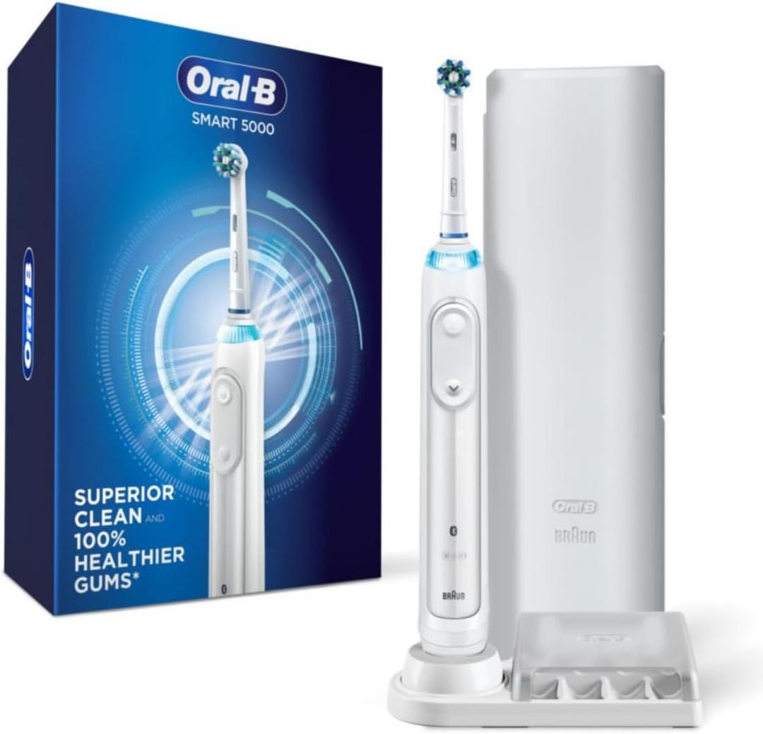 Oral-B Smart 5000 Rechargeable Electric Powered Toothbrush, Black with Travel Case and Bluetooth - Visible Pressure Sensor to Protect Gums - 5 Cleaning Modes - 2 Minute Timer (1 Count (Pack of 1), White)
