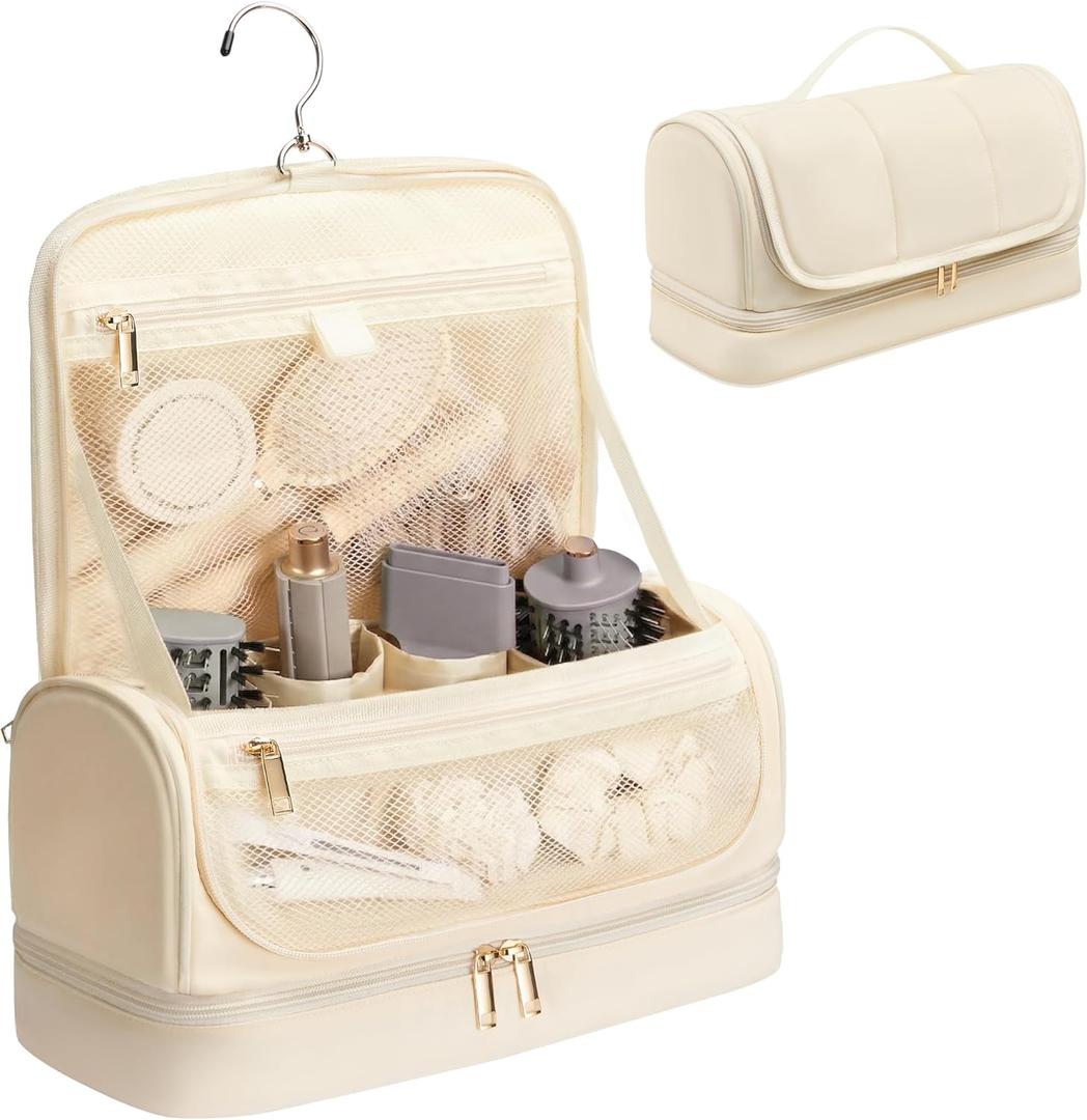 Hanging Hair Tool Organizer for Dyson Airwrap and Shark FlexStyle, Water-Resistant Travel Case with Removable Divider, Storage Bag for Attachments, Cream