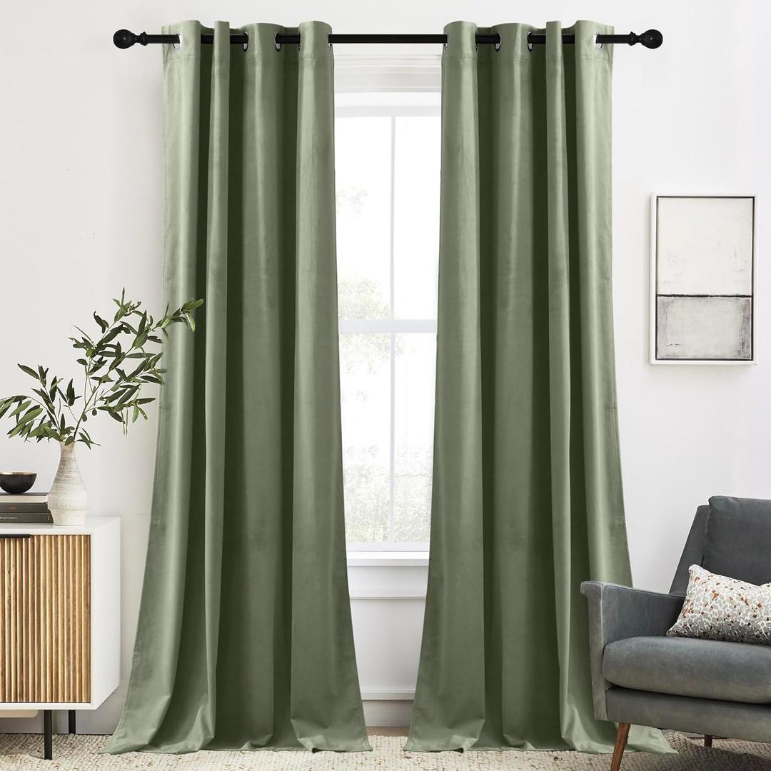 RYB HOME Sage Green Velvet Curtains for Living Room, 90 inches Long Rustproof Grommet Window Drapes Energy Efficient Curtains for Bedroom Home Office, W52 x L90 inch, 2 Panels (52"W x 90"L (Pack of 2))