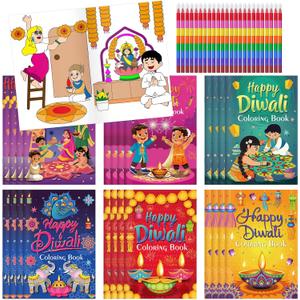 Cinrobiye 24 Set Happy Diwali Coloring Books Bulk Diwali Activity Books Mini DIY Painting Drawing Set with Stacking Crayons for Diwali Birthday Party Favor Gifts Goodie Bag Fillers School Game Prizes