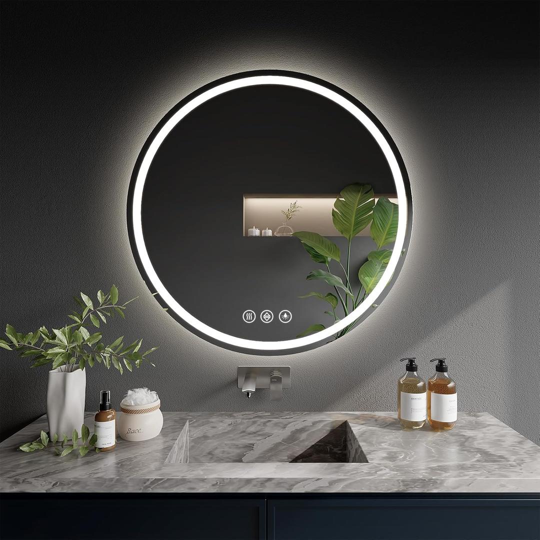 LED Bathroom Mirror 20 Inch Round Bathroom Mirror with Lights, Circle LED Mirror, Wall Mounted Lighted Bathroom with 3 Colors Brightness, Anti-Fog, Dimmable, Shatter-Proof