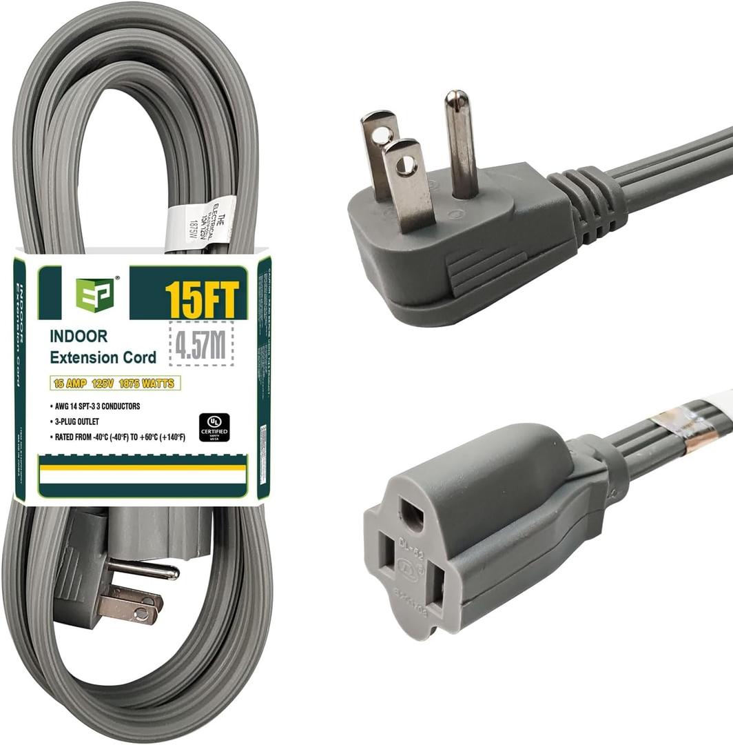 EP 15 Ft Heavy Duty Appliance Extension Cord - 14 Gauge 3 Prong Grounded Cable Wire, Ideal for Air Conditioners, Refrigerators, Microwaves, Washing Machines & More - Indoor Use, Gray (Grey)