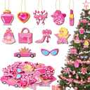 Hollowfly 33 Pcs Pink Ornaments for Christmas Tree Wooden Hanging Christmas Decorations Princess Cute Pendants Party Decoration with Rope and Holes for Home Party Supply Decorations Gifts for Girls