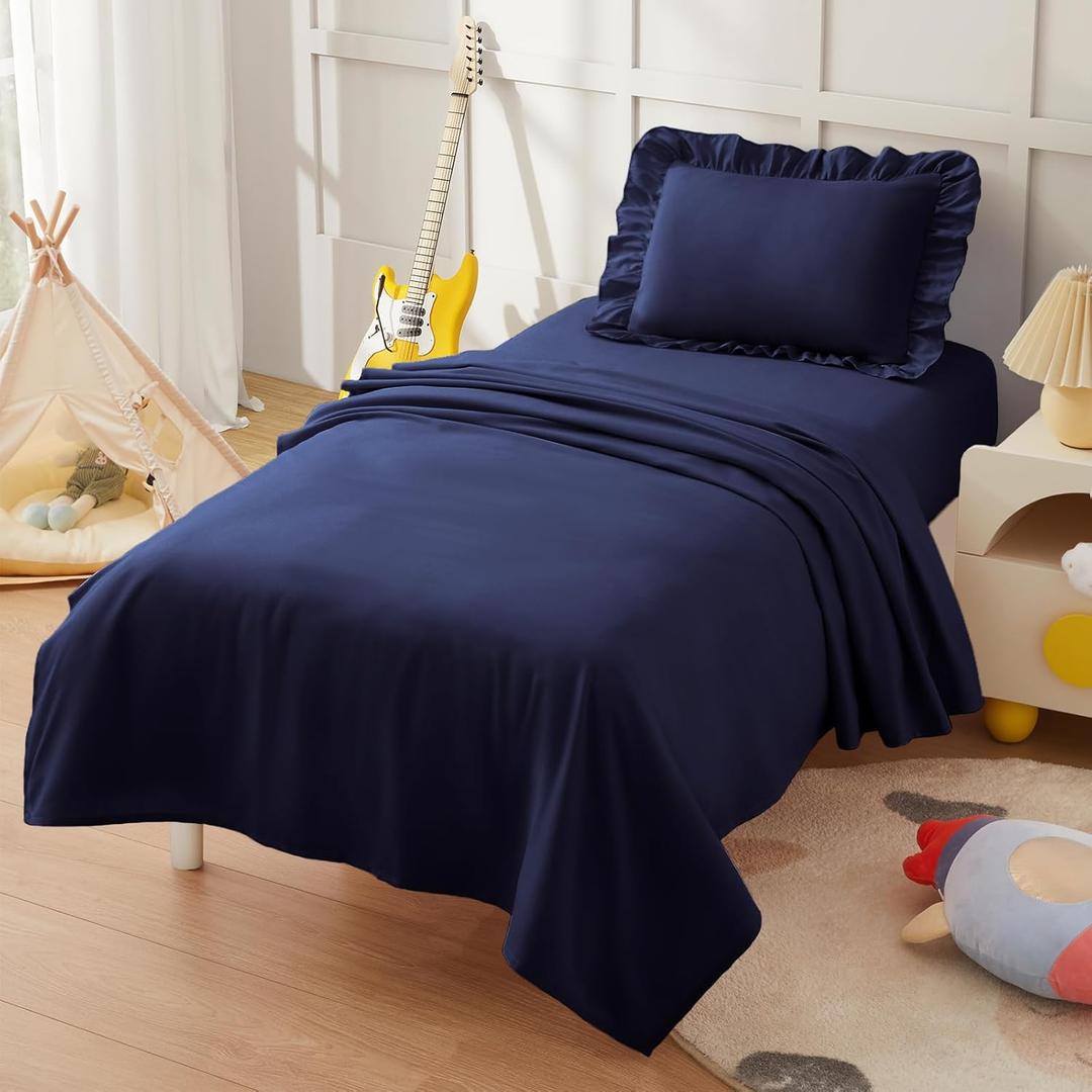 KKJIAF 3 Piece Toddler Sheet Set Microfiber, Includes a Flat Sheet, a Fitted Sheet and a Ruffle Pillowcase, Navy Blue