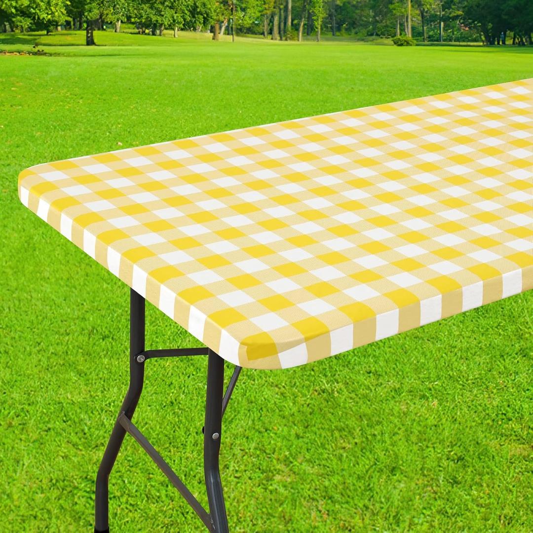 Smiry Rectangle Picnic Table Cloth, Elastic Waterproof Fitted Vinyl Tablecloths, Flannel Backed Buffalo Plaid Table Covers for Dining, Camping, Outdoor (White and Yellow, 30" x 96")