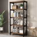 5 Tier Industrial Solid Wood Bookshelf, Open Etagere Bookcase with Metal Frame, Vintage Industrial Style Bookcase/Metal and Wood Bookshelf Furniture (AY01-5tier)