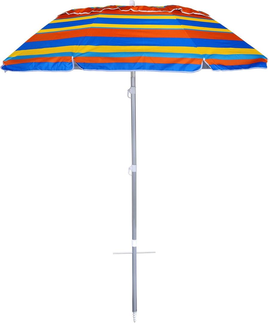 6.5 ft Beach Umbrella with Sand Anchor & Tilt Mechanism - Heavy Duty Wind Resistant UV 50+ Portable, Outdoor Folding Umbrella for Beach, Pool, Patio, GardenProtection Fits in a large Suitcase for Patio Garden Beach Pool Backyard, Blue Multi Stripe CH-1504