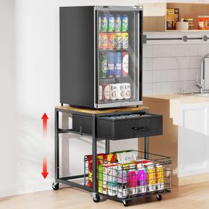 Housolution Mobile Mini Fridge Stand with Storage, Height-Adjustable Mini Beverage Fridge Table, Coffee Bar, 200 lbs Heavy-Duty Compact Refrigerator Shelf with Rolling Cabinet for Kitchen Home Office (Black+brown)