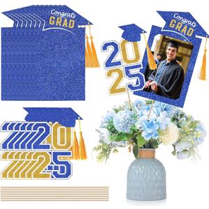 Amyhill 16pcs Graduation Table Centerpieces Sticks with Tassels Class of 2025 Grad Cap Picks and Party Picture Sticks Photo Table Toppers for High School College Party Decorations(Blue and Golden)