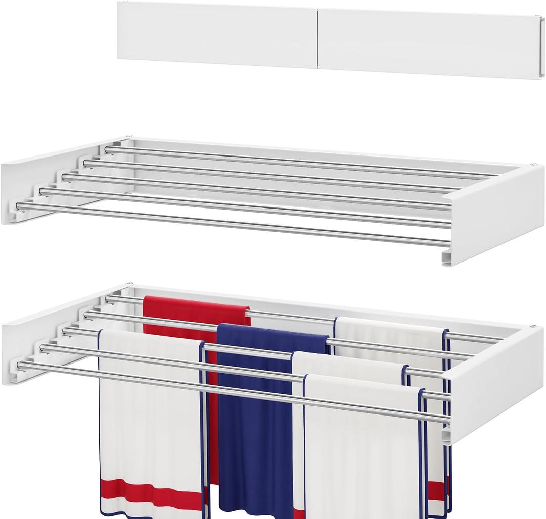 Wall Mounted Drying Rack 23.6", Foldable Laundry Drying Rack with Stainless Steel Rods, Retractable Laundry Space Saver for Indoor & Outdoor Use, Include Wall Template, 23.6" Wide