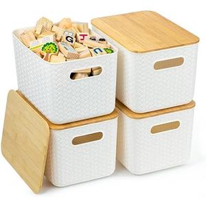 Ohmlove 2 Packs Storage Bins with Bamboo Lids - Plastic Storage Containers with Lids Stackable Storage Box：Storages Baskets for Organizing Desktop Closet Playroom Classroom Office,White