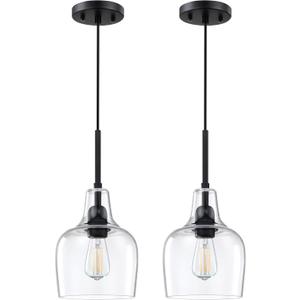 2 Pack 1 Light Kitchen Island Pendant Ceiling Light 6.11" Clear Glass Black Finish Fixture,Modern Industrial Farmhouse Pendant Lamp for Bedside Over Sink Hallway