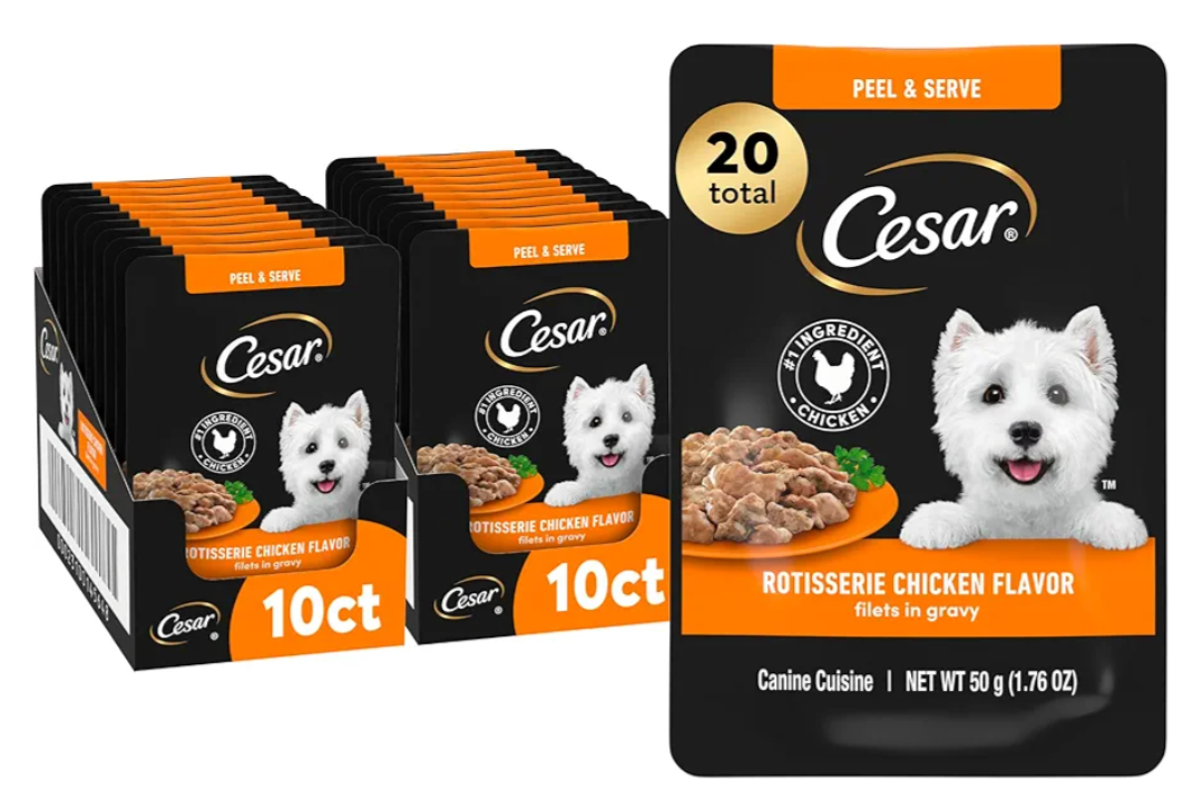 Cesar Filets in Gravy Wet Dog Food Rotisserie Chicken Flavor, 1.76 oz. Mini-Pouch (20 Count, Pack of 1), April 19, 2027