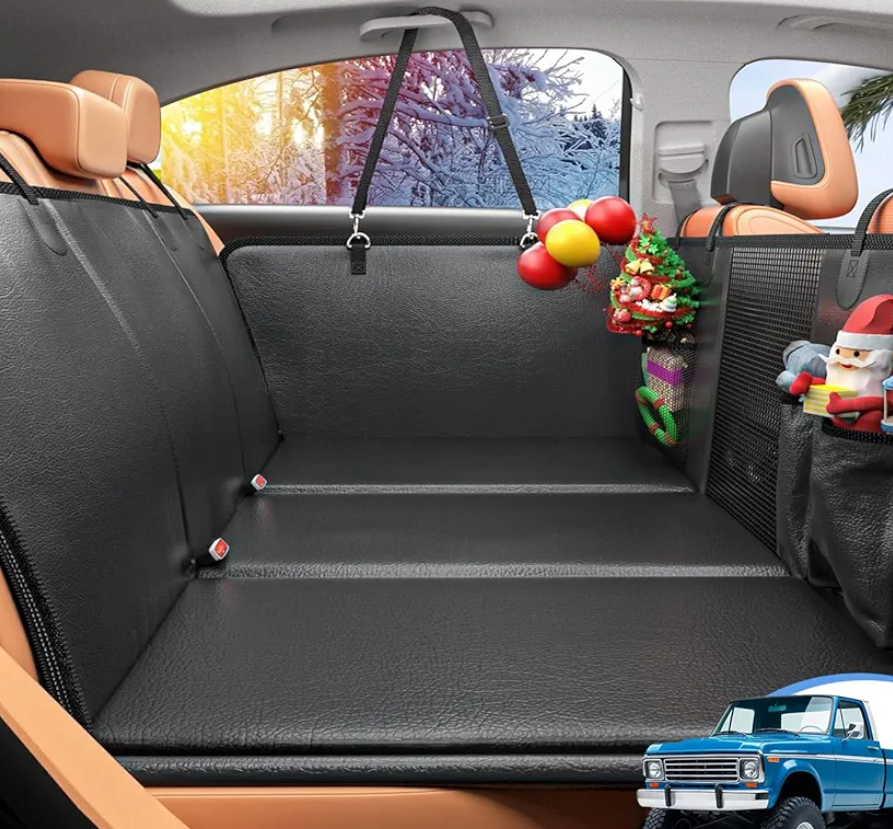 Back Seat Extender for Dogs, Hard Bottom Dog Car Seat Cover for Truck Back Seat, Upgraded PU Leather Dog Hammock for Car, Waterproof, Anti Scratch, Larger Space, Holds 400lbs