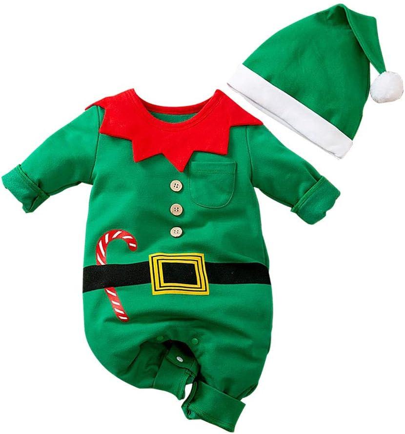 Hifot My First Christmas Baby Girl Boy Romper Newborn Clothes Long Sleeve Jumpsuit + Hat Infant Outfits Set (0-3 Months, Green)