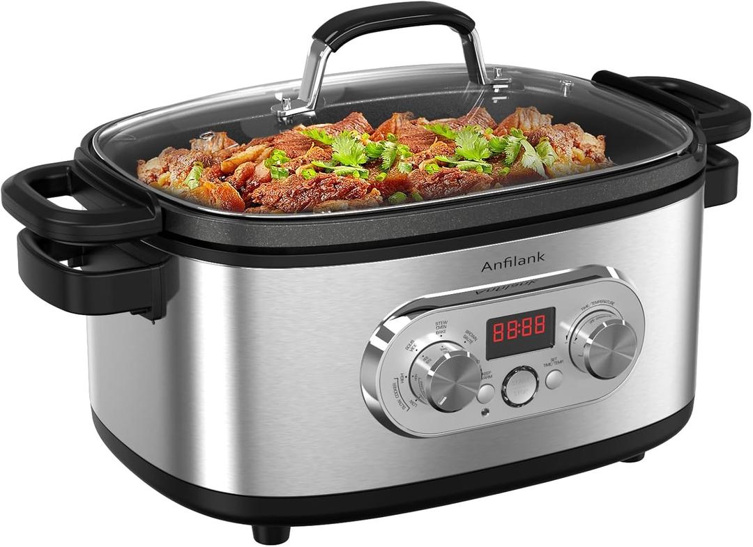 10-in-1 Programmable Slow Cooker with Timer, 6.8 Quart Crock Pot, Presets to Sous Vide, Bake, Saut, Cook Rice& More, Nonstick Dishwasher-Safe Pot, Adjustable Temp&Time, Stainless Steel