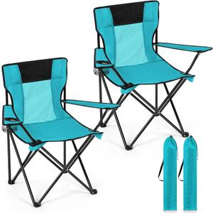 Shellwei 2 PCS Folding Camping Chair with Cupholder and Carry Bag Regular Size Colorful Breathable Portable Lightweight Lawn Chair with Side Pocket for Fishing Hiking Beach Outdoor Activity, 20" L X 20" W X 31.5" H