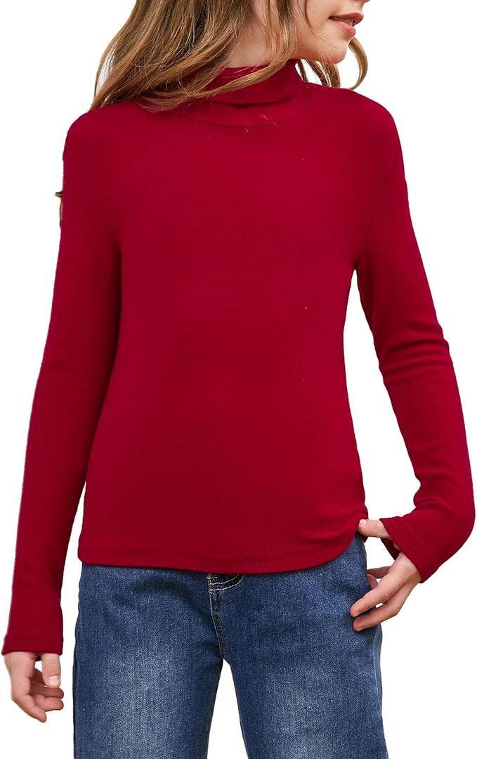 Milumia Girl's Casual Rib Knit Mock Turtle Neck Tee Long Sleeve Fitted T Shirt Tops (Red)