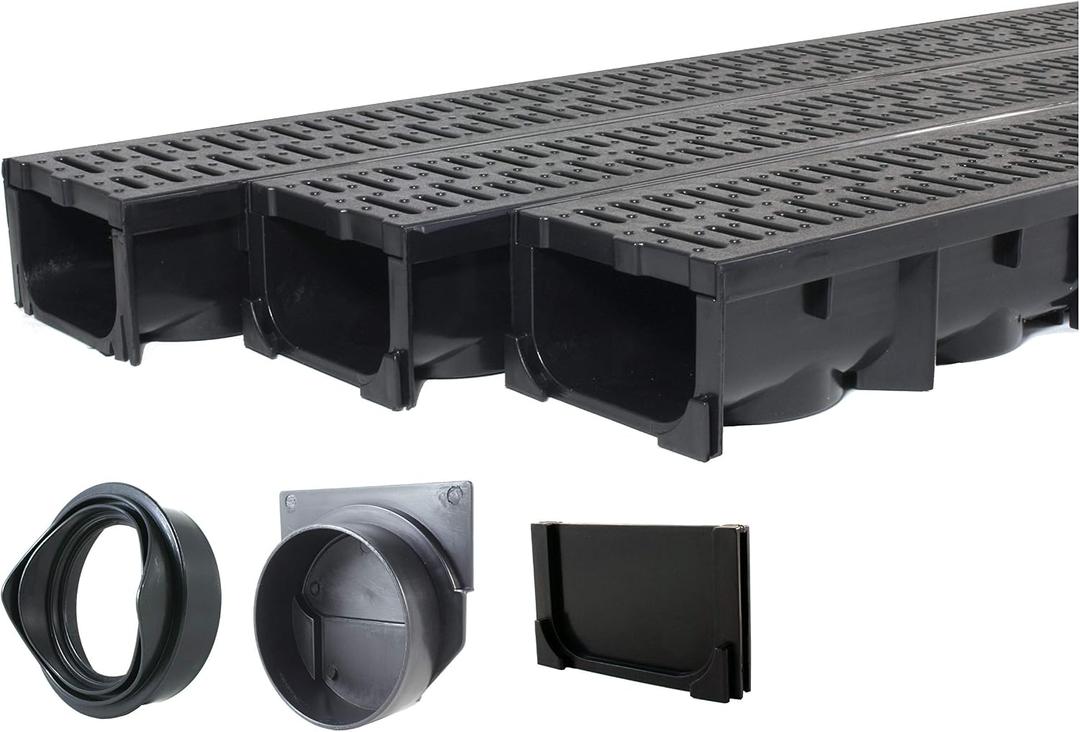 URA WATER - Model UA-100 - Drainage Trench Set - Channel Drain With Grate - Black Plastic - 3 x 39" - (117" Total Length)