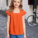 Arshiner Girls Shirts Short Sleeve Square Neck Summer Lace Openwork Pleated Tops Blouse Tunic (Orange) 130