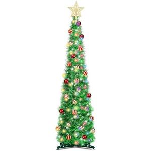 Dual Color Change & Timer 5 Ft Green Pop Up Christmas Tree with DIY 60 Warm & Multicolor Lights 4 Modes Tinsel Pencil Christmas Slim Tree with Star 25 Ball Ornament Xmas Decoration Home Indoor Holiday