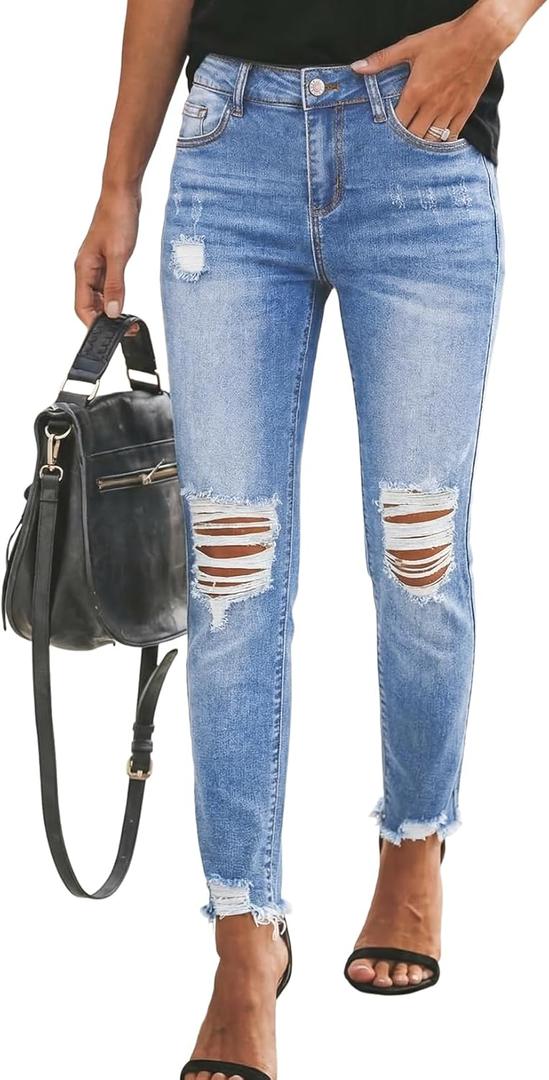 Sidefeel Women's Boyfriend Jeans Stretchy Ripped Distressed Zimbaplatinum Denim Pants Size 16(Blue)