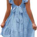 OYOANGLE Women's Maternity Tie Backless Ruffle Trim Short Sleeve Square Neck A Line Dress Solid Plain Flared Dresses (Medium, Light Blue)