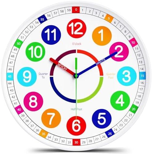 Kids Wall Clock - Non-Ticking, Battery-Operated Time Teaching Clock for Kids, Ideal for Children’s Bedrooms, Playrooms, and Stylish Home Décor – White, 12 Inch